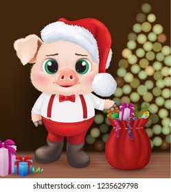 Cute pig character. Happy new year invitation card. Vector Illustration EPS10.