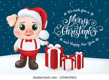 Cute pig character. Happy new year invitation card. Vector Illustration EPS10.