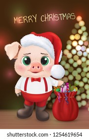 Cute pig character. Happy new year invitation card. Vector Illustration EPS10.