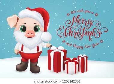Cute pig character. Happy new year invitation card. Vector Illustration EPS10.