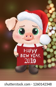 Cute pig character. Happy new year invitation card. Vector Illustration EPS10.