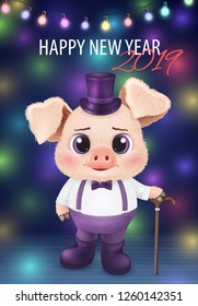 Cute pig character. Happy new year invitation card. Vector Illustration EPS10.