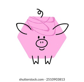 Süße Schweinefigur. Fröhlich lächelndes Ferkel im lustigen Doodle-Kinderstil. Kawaii einfaches Ferkel, Nutztier in geometrischer Form. Kinder, flache Vektorgrafik einzeln auf weißem Hintergrund