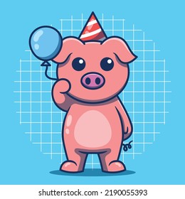 Cute pig character holding balloon and wearing birthday hat vector illustration. Flat cartoon style.