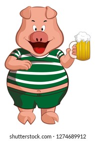 Cute pig character holding a beer mug.