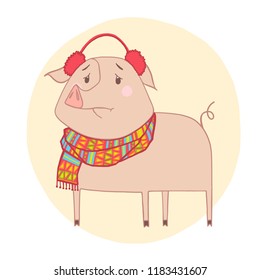 Cute pig character illustration.  Sad pig.