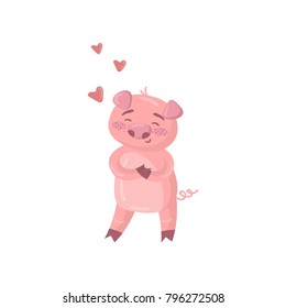 Cute pig character in love, funny cartoon romantic piggy animal vector Illustration