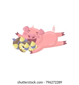 Cute pig character lying on the floor and eating sweets, funny cartoon piggy animal vector Illustration