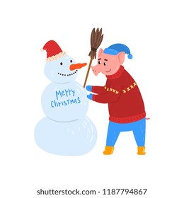 Cute pig character making snowman, piggy character dressed in warm bright clothes, Chinese symbol of New Year, design element for Christmas card, calendar, invitation vector Illustration
