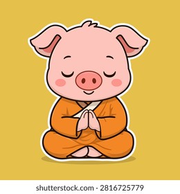 Cute Pig Character Meditating in Monk Robe with Praying Hands, Zen Mindfulness Flat Illustration for Yoga, Wellness Sticker, Nursery Wall Art, and Kids Product Design