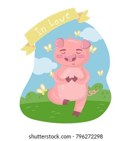 Cute pig character meditating while sitting on green lawn in summer day. In love vector Illustration in cartoon style, design element for poster or banner