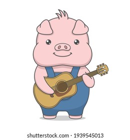 cute pig character playing guitar