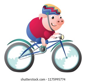 Cute pig character riding a bicycle with bike helmet. Vector illustration.  Isolated on transparent background.  Excellent for the design of postcards, posters, stickers and so on. 