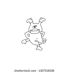 Cute pig character standing on hands card for coloring book vector