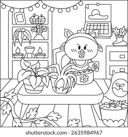Cute pig character tends to an indoor plant garden in a cozy room, perfect for a printable kids' coloring activity.