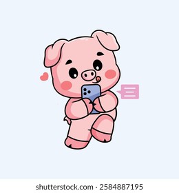 Cute Pig Character Using a Smartphone