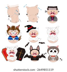 Cute Pig Characters in Halloween Costumes – 2D Illustration