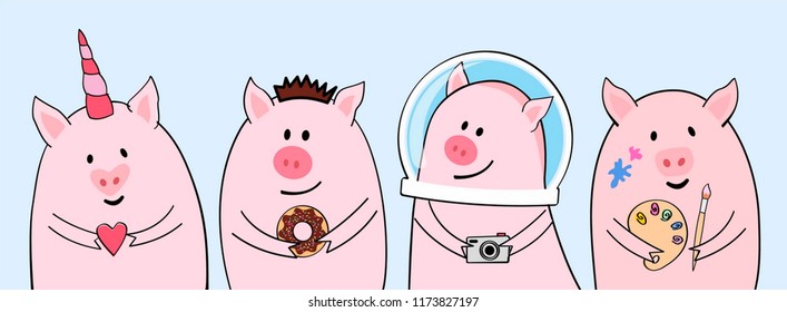 Cute pig characters set in a flat cartoon style