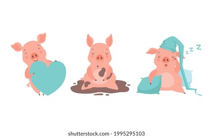 Cute Pig Characters Set, Funny Farm Animal Activity Cartoon, Lovely Piglet Playing and Sleeping Vector Illustration
