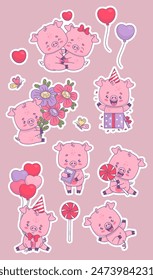 Cute pig characters stickers set. Festive birthday boy with balloons and gift, with bouquet flowers and candy, enamored couple. Isolated cartoon kawaii animals. Vector illustration. Kids collection