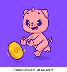 Cute pig chasing golden coin happily on ground vector illustration