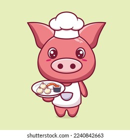 Cute pig chef cartoon character with bring japanese food