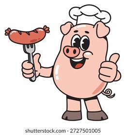 Ilustración linda de la salchicha de la tenencia del carácter de la historieta del cocinero del cerdo