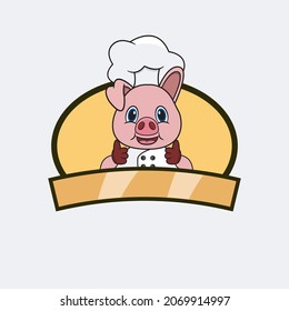 Cute Pig Chef and Cooking Theme. Mascot, Character, Logo, label, And Icon. Vector and Illustration.