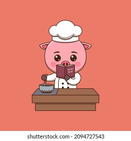 Cute pig chef cooking while looking at the recipe book