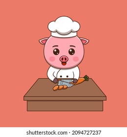 Cute pig chef cutting carrot