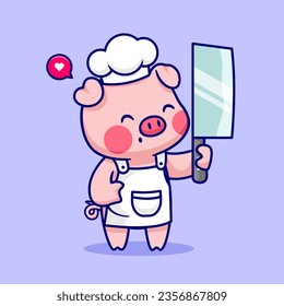 Chef Cute Pig Con Un Vector De Cuchillos Ilustración Icono. Vector Premium Aislado De Icono De Profesión Animal. Estilo de dibujo plano