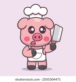 Cute Pig Chef Holding Knife Cartoon Vector Icon Illustration. Animal Profession Icon Concept Isolated Premium Vector. Holidays Cartoon Style