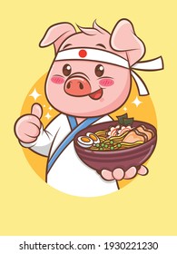 	
cute pig chef holding a ramen Japanese food. cartoon character and mascot illustration.
