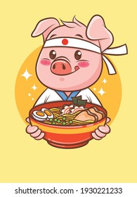 	
cute pig chef holding a ramen Japanese food. cartoon character and mascot illustration.
