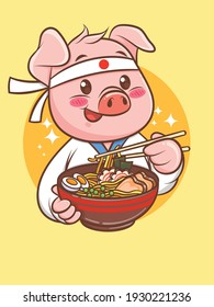 	
cute pig chef holding a ramen Japanese food. cartoon character and mascot illustration.
