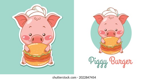 Cute Pig Chef Mascot Logo With  Burger