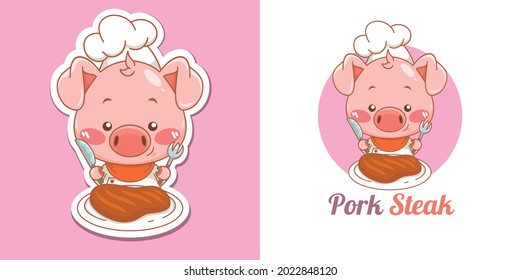 Cute pig chef mascot logo eating pork steak