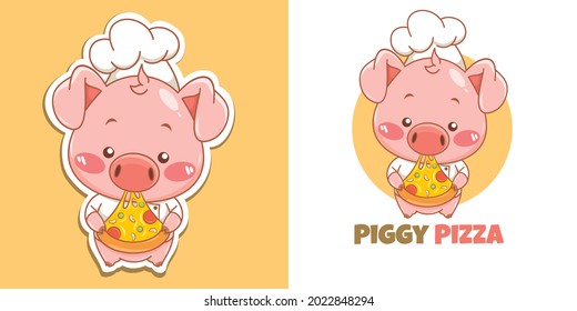 Cute pig chef mascot logo eating pizza slice