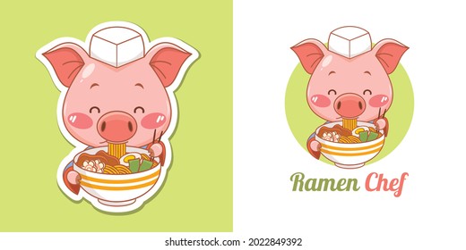 Cute pig chef mascot logo eating a ramen japanese food