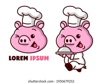 KUTE SCHWEINCHEF MIT EINEM LEBENSMITTELKARTOONLOGO.