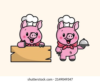 CUTE PIG CHEF IS SERVING FOOD AND BRING WOOD BOARD CARTOON MASCOT DESIGN.