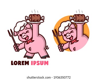 CUTE PIG CHEF SERVING A PLATE OF MEAT CARTOON LOGO