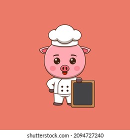 Chef de cerdo al lado de una cartelera vacía