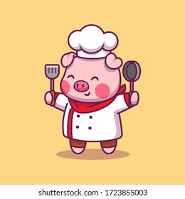 Cute Pig Chef Vector Icon Illustration. Animal Food Icon Concept Isolated Premium Vector. Flat Cartoon Style 