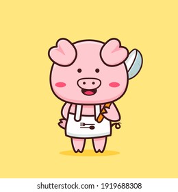 cute pig chef wears apron and brings cooking utensils vector design, cute pig chef flat desogn for mascot logo