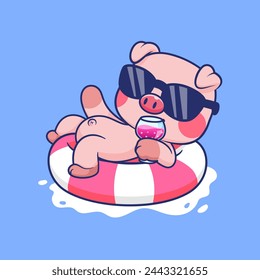 Cute Pig Chill En Neumáticos De Natación Con Jugo De Dibujos Animados Ilustración Icono Vector. Icono de vacaciones de animales Concepto Vector Premium aislado. Estilo plano de dibujos animados