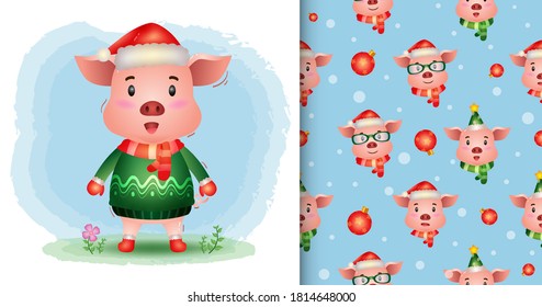 a cute pig christmas characters collection with a hat, jacket and scarf. seamless pattern and illustration designs