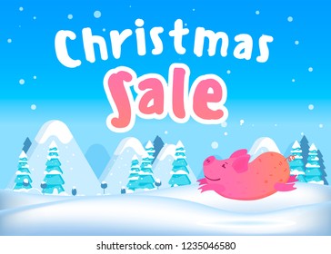 Cute pig in Christmas clothes with Christmas presents. Christmas composition with fir trees and falling snow