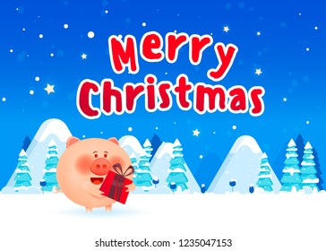 Cute pig in Christmas clothes with Christmas presents. Christmas composition with fir trees and falling snow