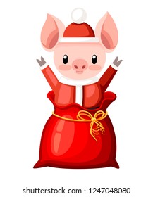 Cute pig in Christmas santa costume. Cartoon character design. Little pig jumps out of the red bag. Pink animal mascot. Flat vector illustration isolated on white background.